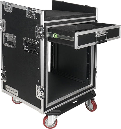 Sound Town Shock Mount 12U ATA Rack Case with 20' Rackable Depth, 11U Slant Mixer Top and Casters, 12-Space Size - Pro Tour Grade (STMR-SP12UW)