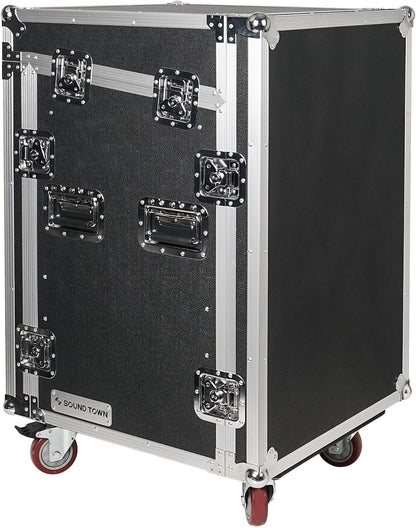 Sound Town Shock Mount 12U ATA Rack Case with 20' Rackable Depth, 11U Slant Mixer Top and Casters, 12-Space Size - Pro Tour Grade (STMR-SP12UW)