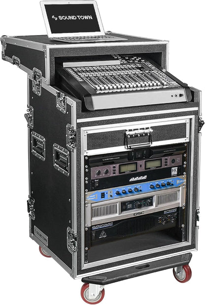 Sound Town Shock Mount 12U ATA Rack Case with 20' Rackable Depth, 11U Slant Mixer Top and Casters, 12-Space Size - Pro Tour Grade (STMR-SP12UW)