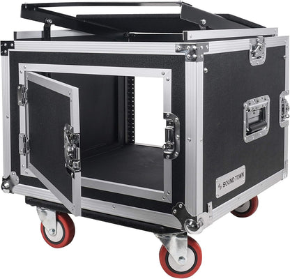 Sound Town Shock Mount 8U ATA Rack Case with 21' Rackable Depth, 11U Slant Mixer Top and Casters, 8-Space Size - Pro Tour Grade (STMR-SP8UW)